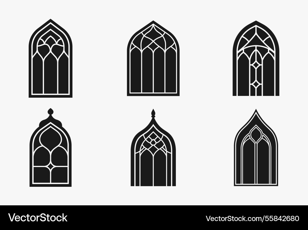 Islamic window outline and silhouette icon set Islamic window outline and silhouette icon set vector image