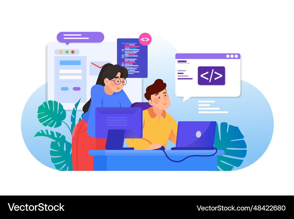 Man and woman are working together on programming Man and woman are working together on programming Vector Image
