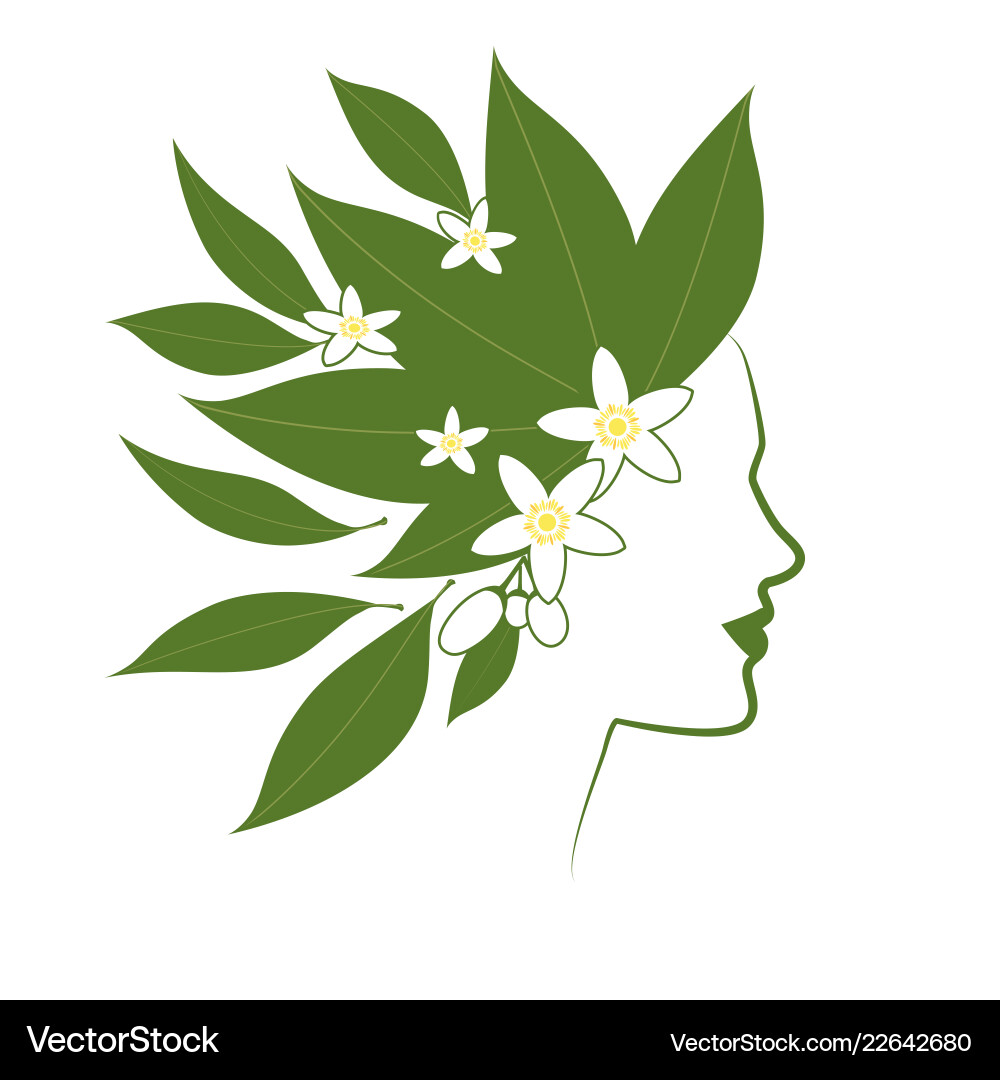 Profillinie von Frau mit Blumen und orange Profillinie von Frau mit Blumen und orange vektorbild