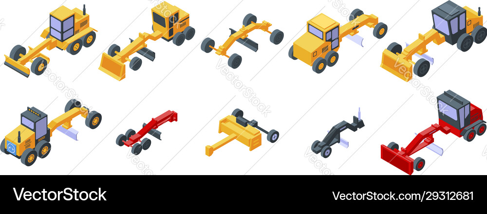 Grader machine icons set isometric style Grader machine icons set isometric style Vector Image