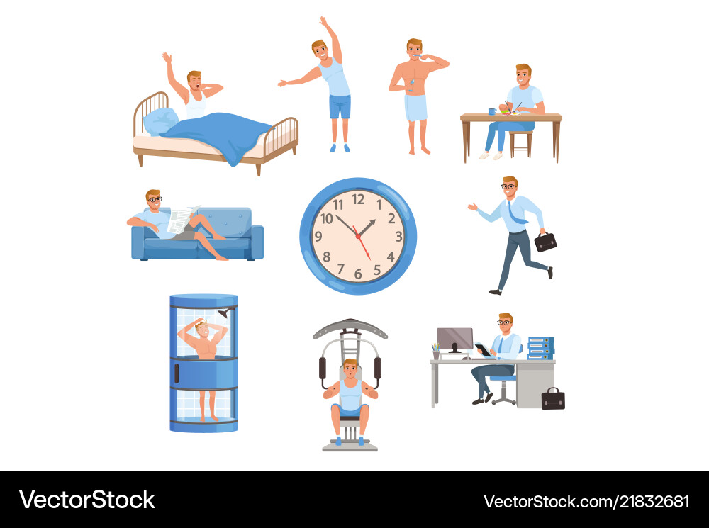 Man in different situations day time waking up Vector Image