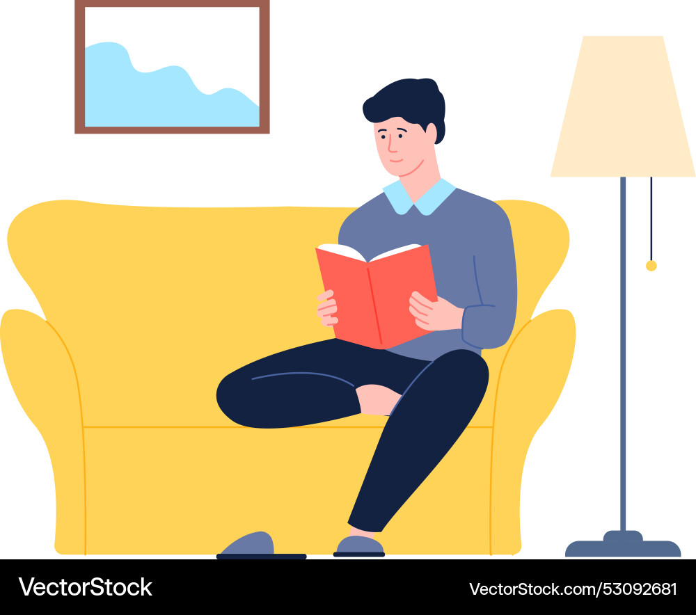 Man reading book on couch lazy home evening Vector Image