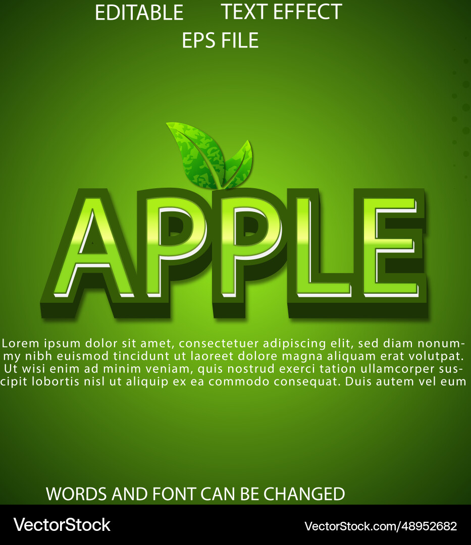 Apple text effect font editable typography 3d Apple text effect font editable typography 3d vector image