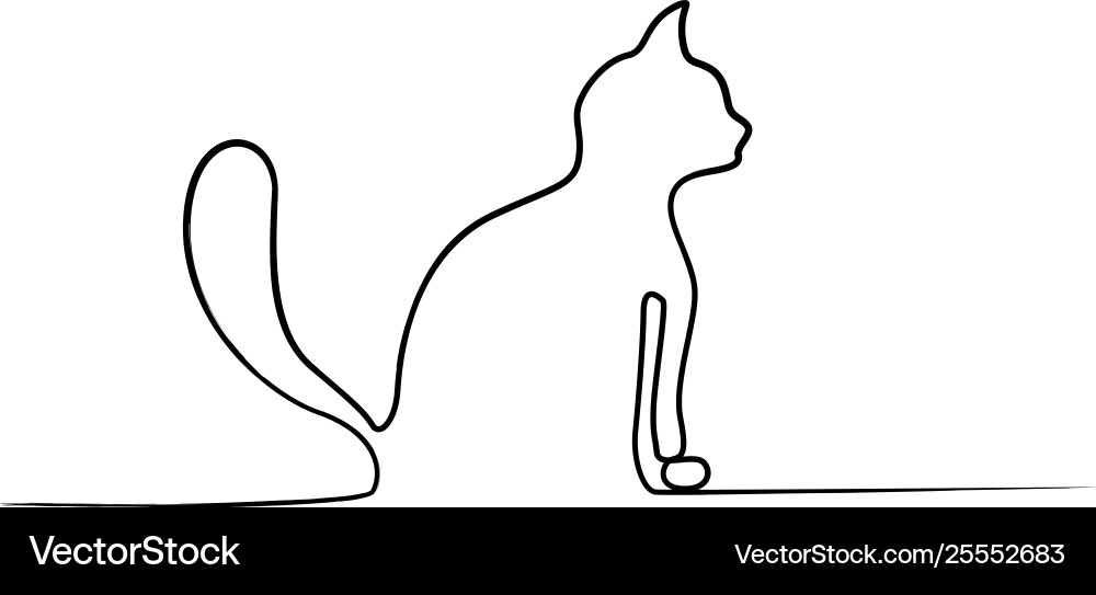 Continuous line sitting cat with fluffy tail side vector image