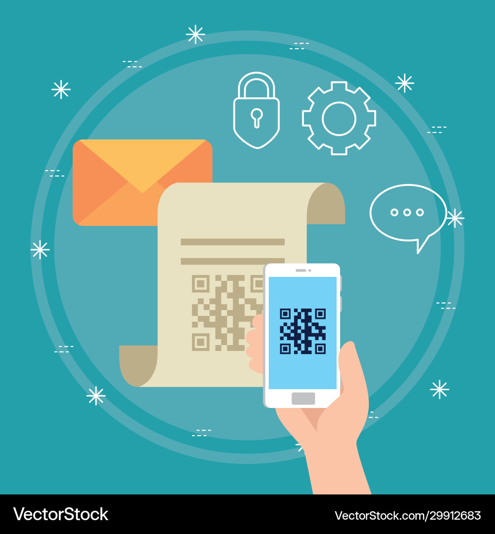 Hand scan code qr with smartphone and icons Hand scan code qr with smartphone and icons vector image