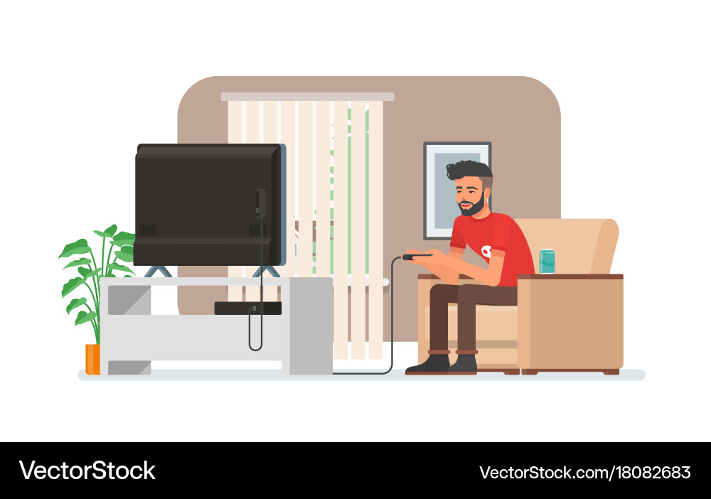 Smiling man playing video game console at home vector image