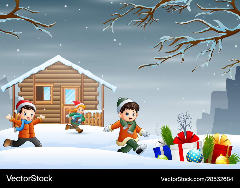 Cartoon Kinder genießen Winter Weihnachten in fron Cartoon Kinder genießen Winter Weihnachten in fron vektorbild