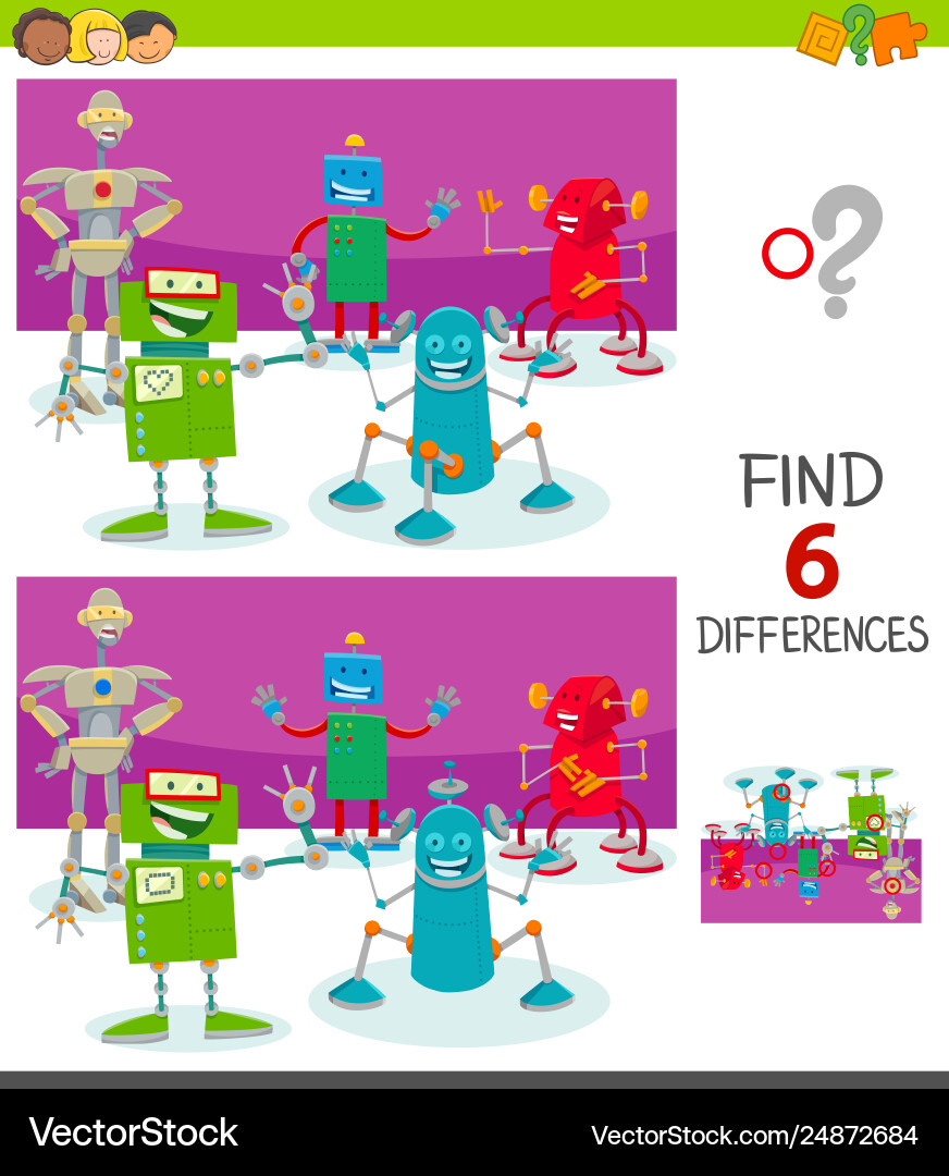 Differences game with funny cartoon robots Vector Image