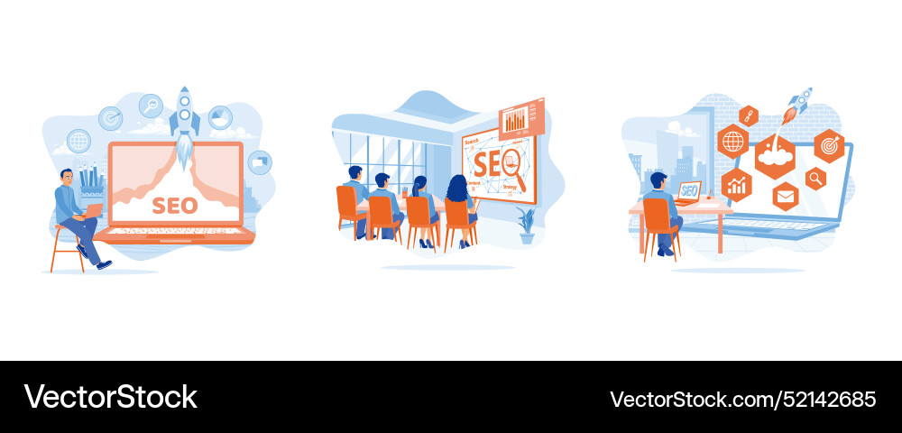 Man optimize the seo search engine using a laptop Man optimize the seo search engine using a laptop vector image