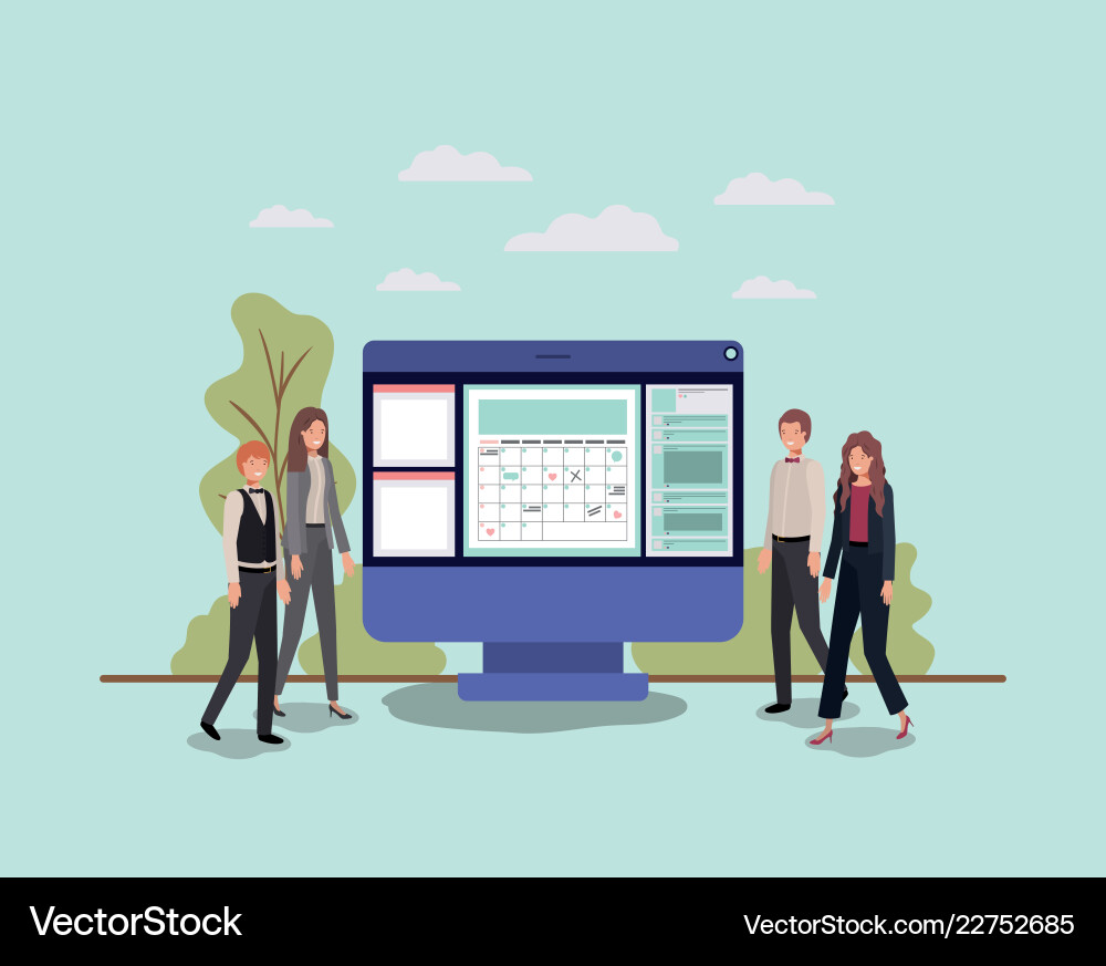 Mini people working in computer desktop Mini people working in computer desktop Vector Image
