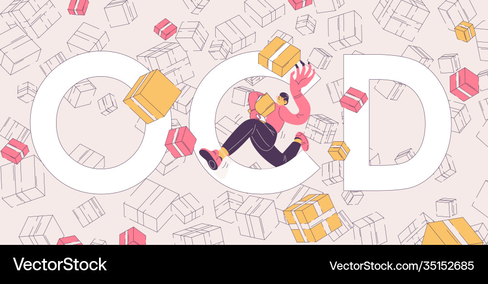 Ocd lettering with man trying to catch every box Ocd lettering with man trying to catch every box vector image