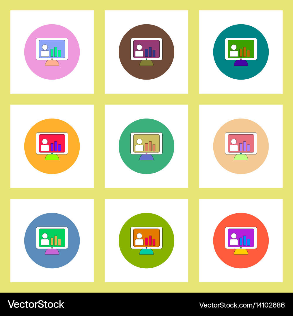 Flat icons set of column chart on monitor concept vector image