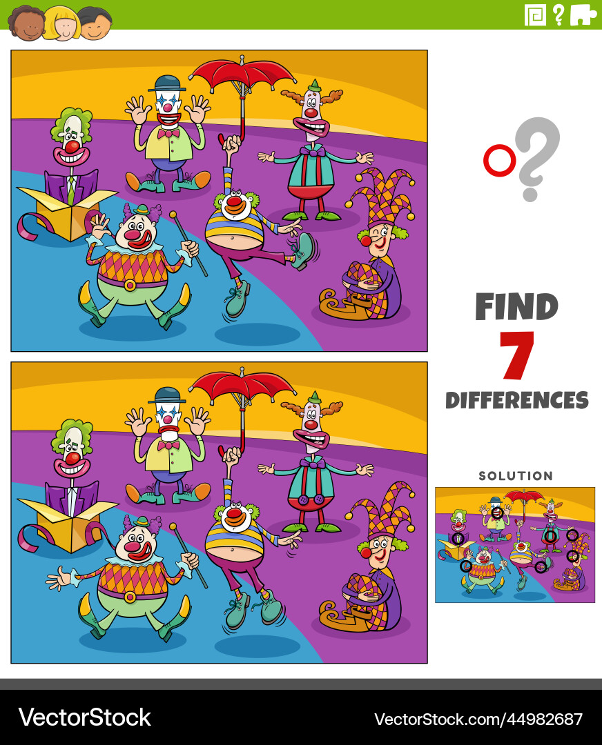 Differences game with cartoon clowns characters Differences game with cartoon clowns characters vector image