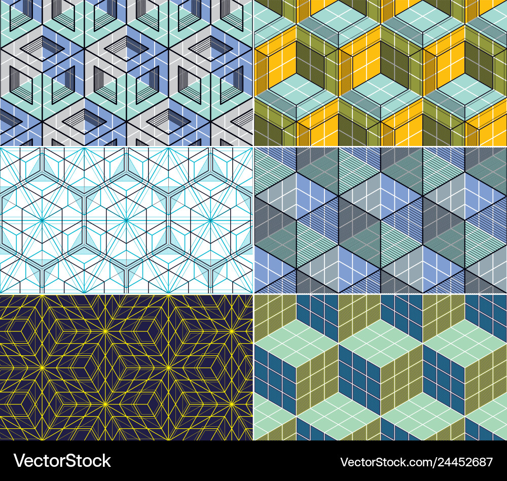 Geometric cubes abstract seamless patterns set 3d Geometric cubes abstract seamless patterns set 3d vector image