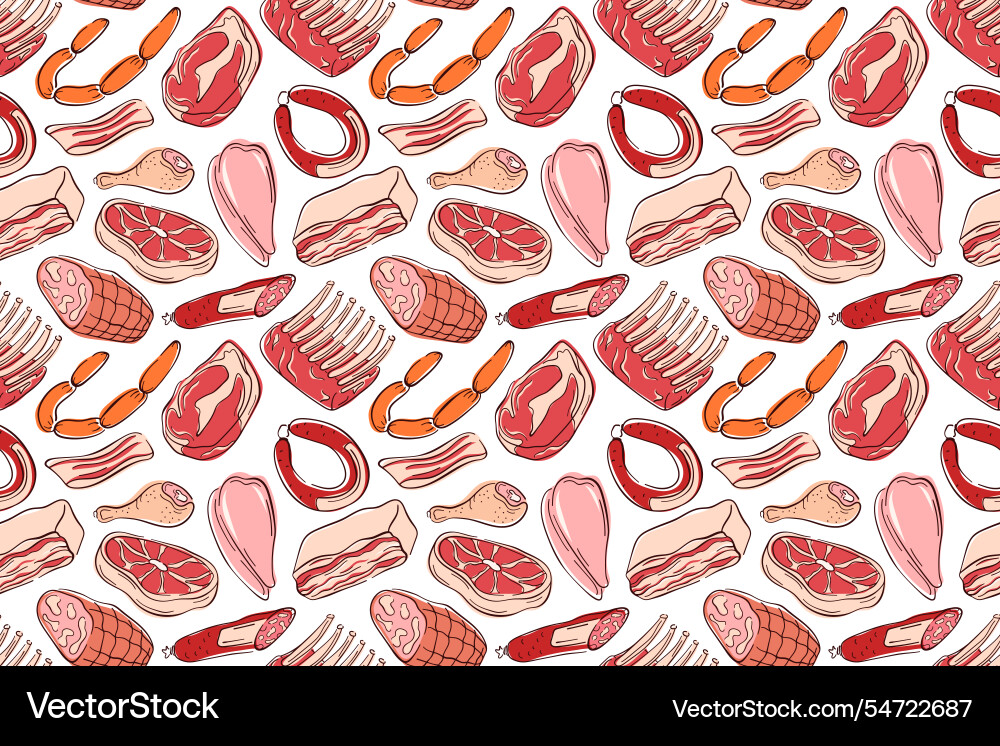 Seamless meat pattern with different cuts in flat Seamless meat pattern with different cuts in flat vector image