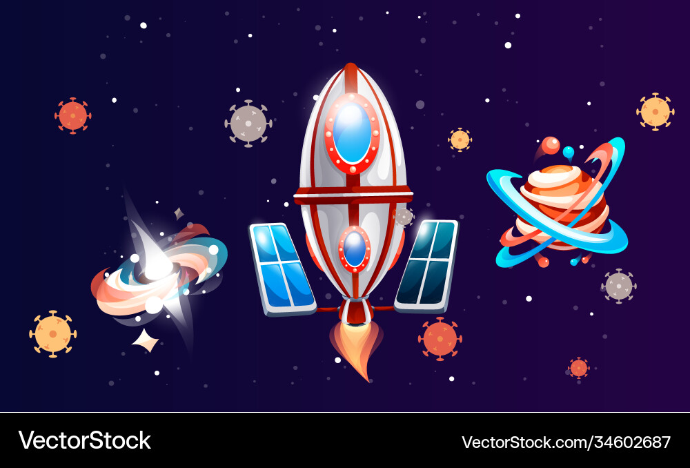 Space game elements rocket and planets in dark Space game elements rocket and planets in dark vector image