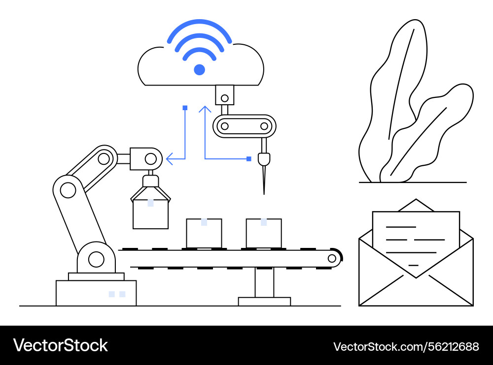 Automated robotic assembly line connected to cloud Automated robotic assembly line connected to cloud vector image