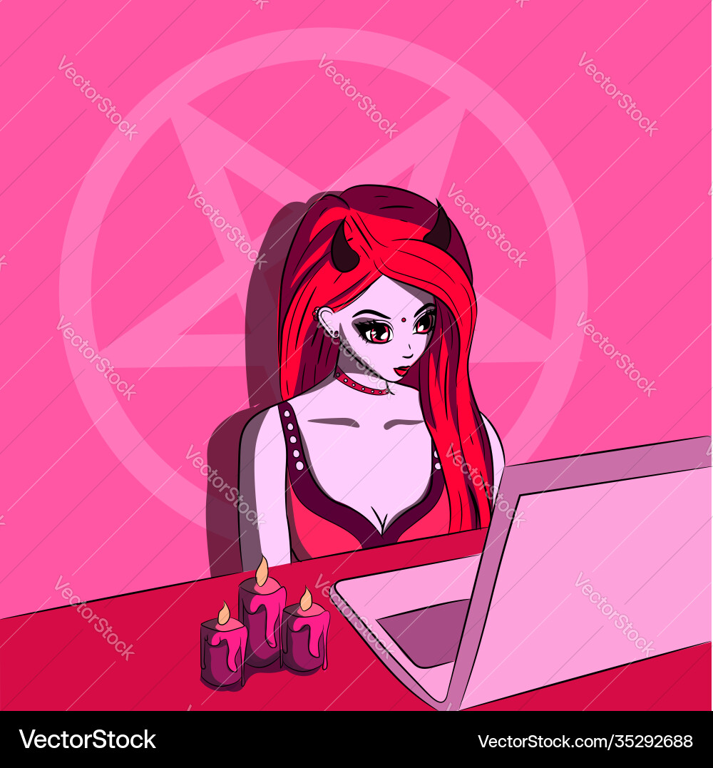 Pink succubus watching movies on laptop Pink succubus watching movies on laptop vector image