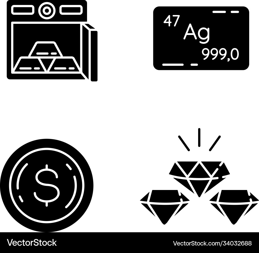 Precious metals gems black glyph icons set Precious metals gems black glyph icons set vector image
