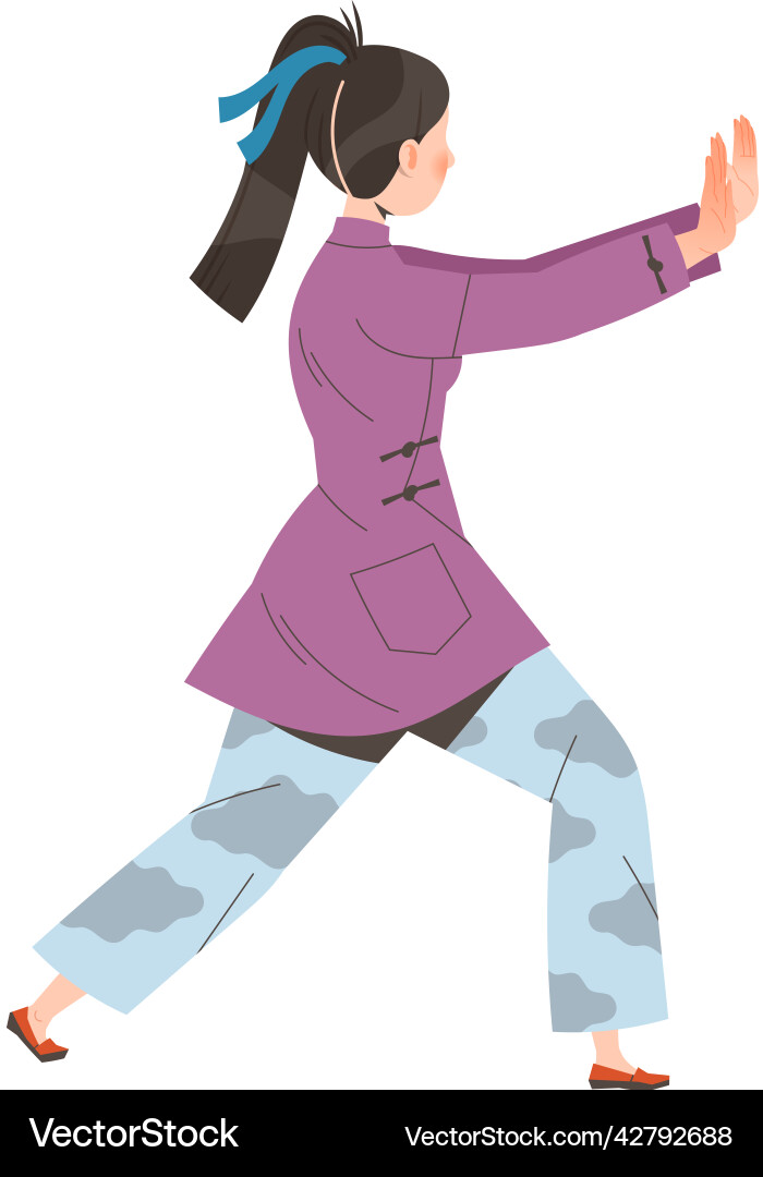 Tai chi practice with woman in kimono doing qigong Tai chi practice with woman in kimono doing qigong vector image