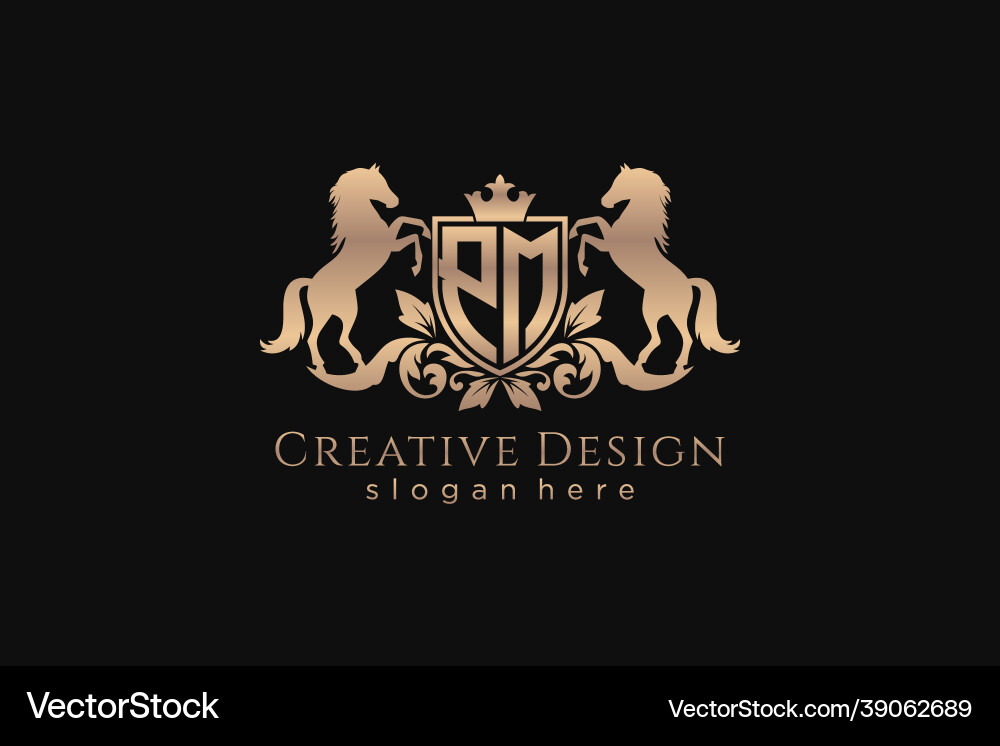 Initial pm retro golden crest with shield and two vector image
