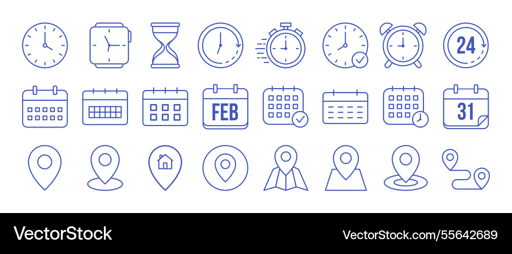Set of time date and location outline icons Set of time date and location outline icons vector image