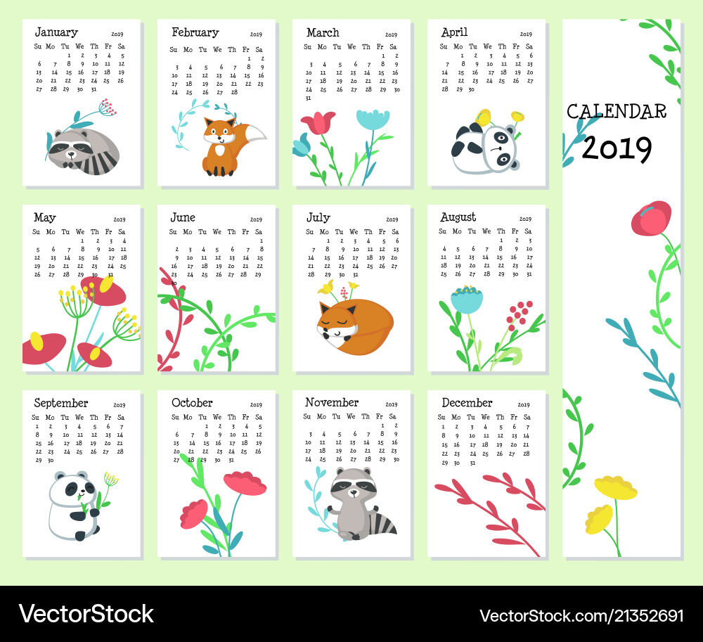 Calendar 2019 template with cute animals Calendar 2019 template with cute animals vector image
