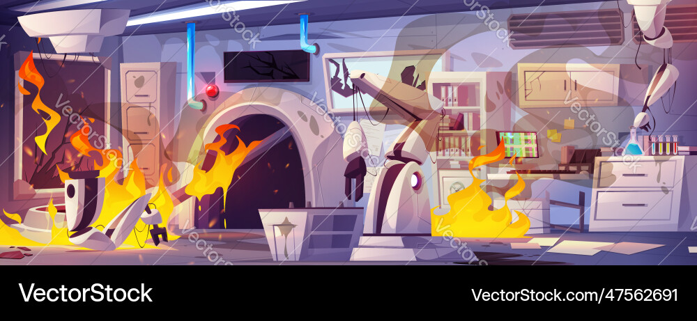 Fire in science laboratory with robot for research Fire in science laboratory with robot for research vector image