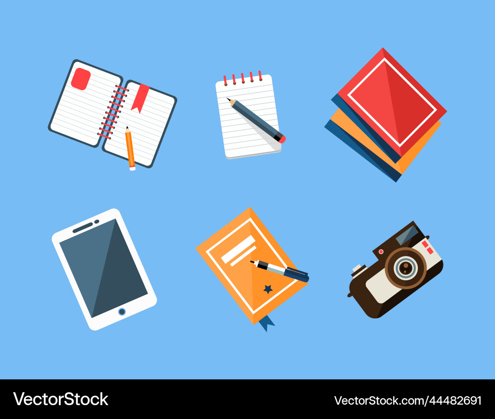 Workspace items with camera tablet notepad Workspace items with camera tablet notepad vector image