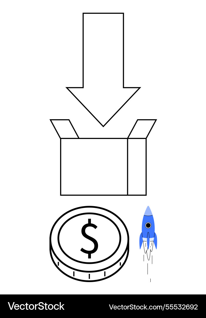 Arrow pointing to open box above dollar coin Arrow pointing to open box above dollar coin vector image