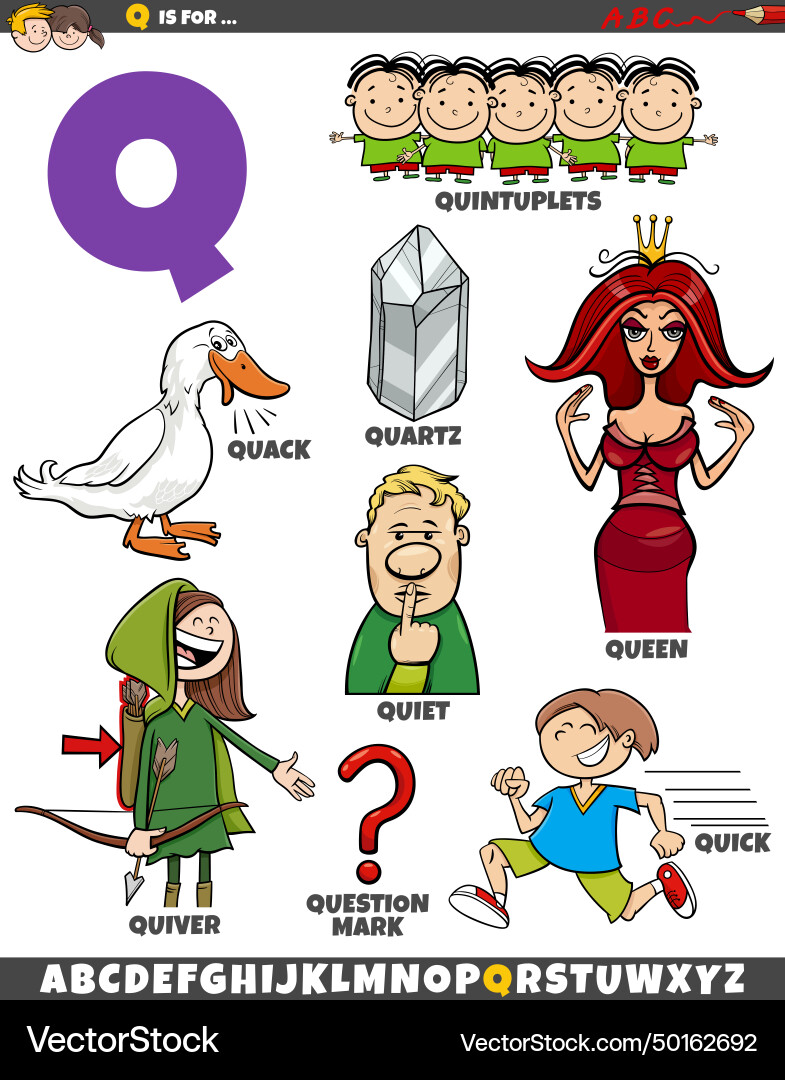 Letter q set with cartoon objects and characters Letter q set with cartoon objects and characters Vector Image