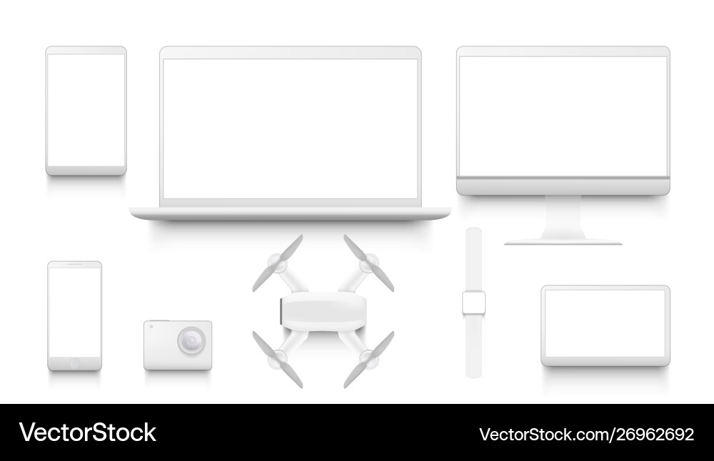 Simple white gadgets set desktop computer display Simple white gadgets set desktop computer display vector image