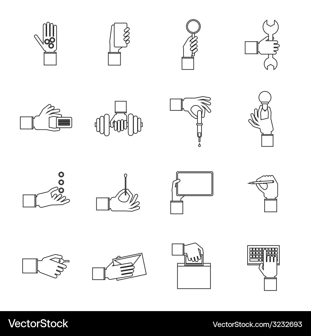 Hand holding objects outline set Vector Image