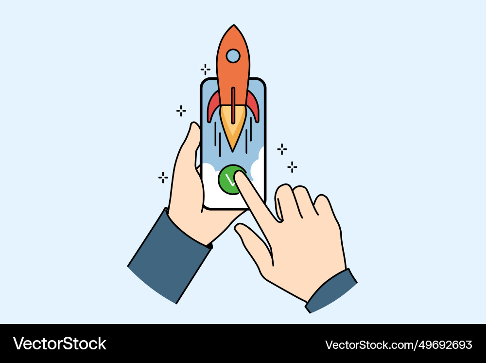 Hands and phone with rocket symbolizing fast Hands and phone with rocket symbolizing fast vector image