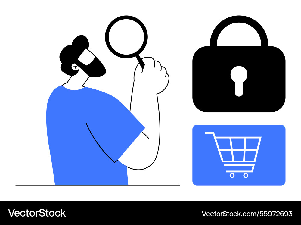Man with magnifying glass analyzing secure online Vector Image