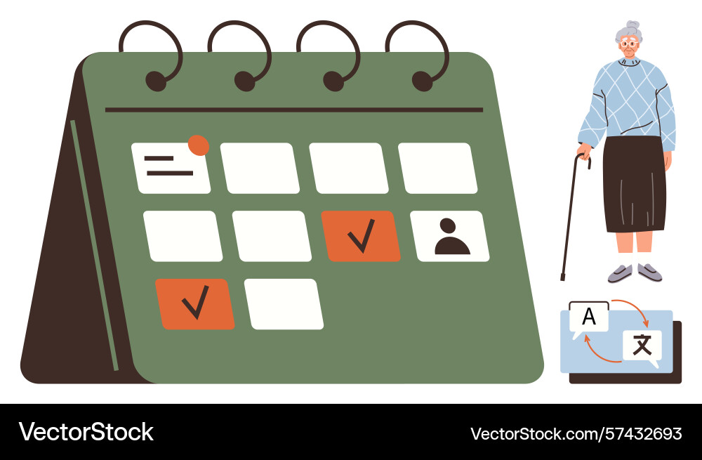 Senior scheduling with a calendar and language Senior scheduling with a calendar and language Vector Image