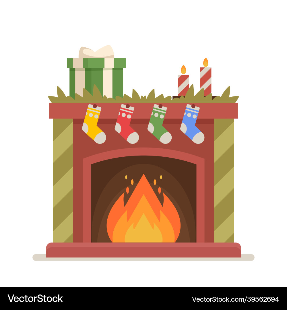 Christmas burning fireplace with socks candles Christmas burning fireplace with socks candles vector image