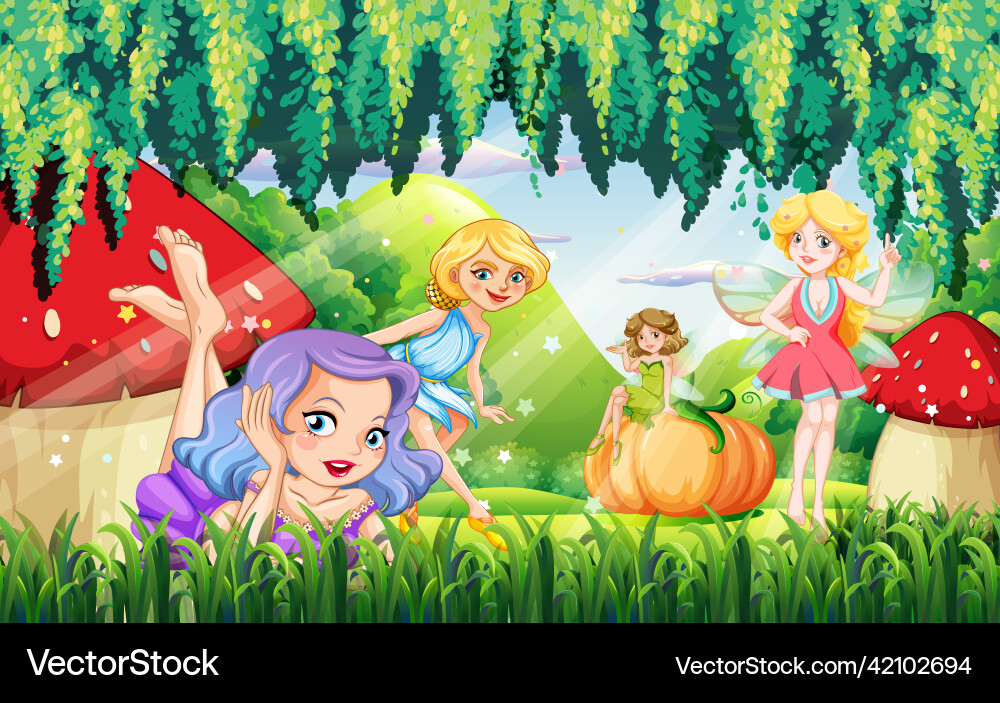 Fantastic forest scene with beautiful fairies Fantastic forest scene with beautiful fairies vector image