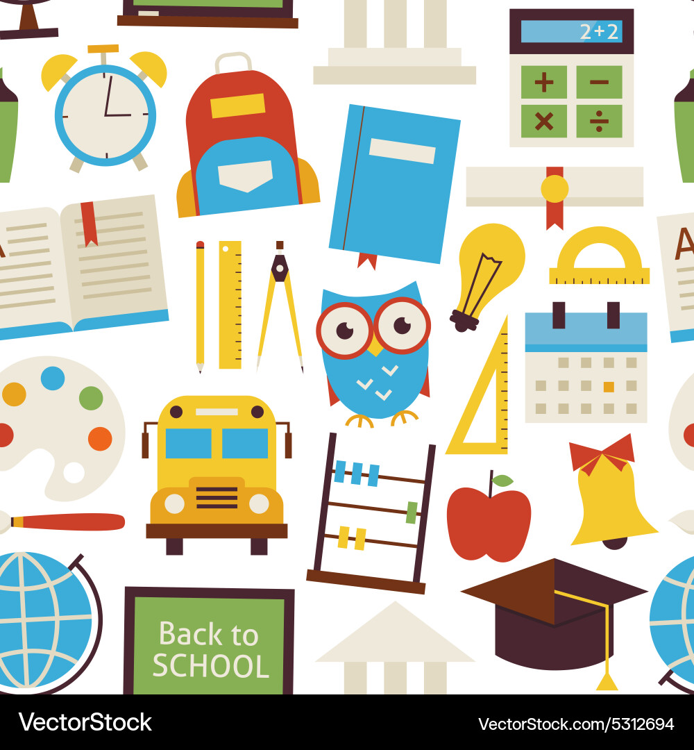 Flat seamless pattern back to school objects over vector image