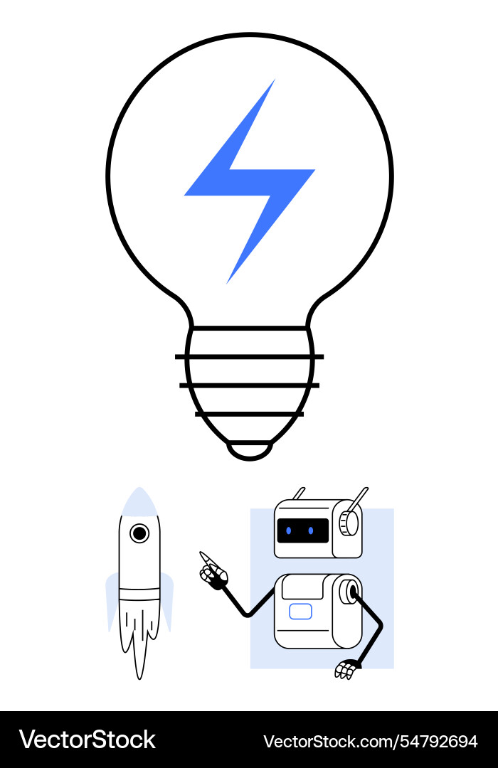 Light bulb with lightning bolt rocket and robot Light bulb with lightning bolt rocket and robot Vector Image