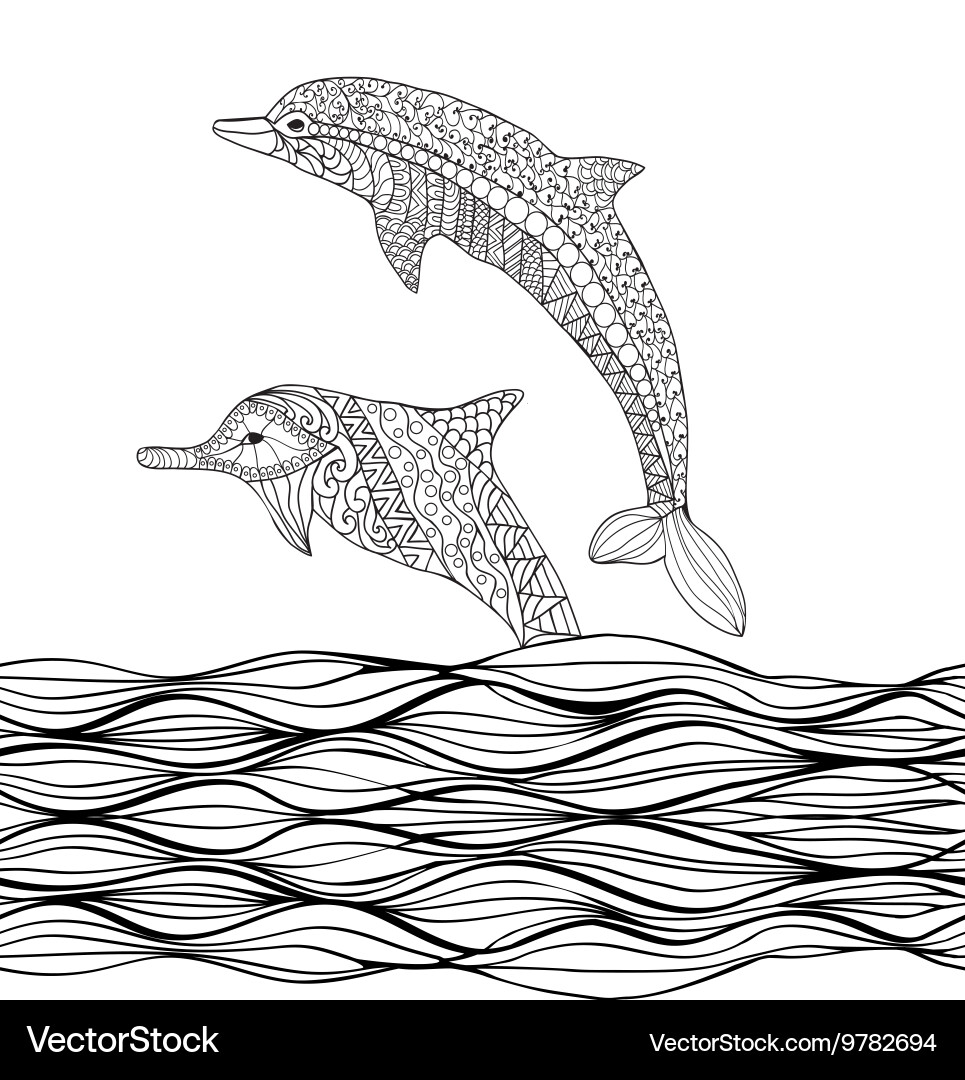 Zentangle Dolphin Wave Art Vektorbild
