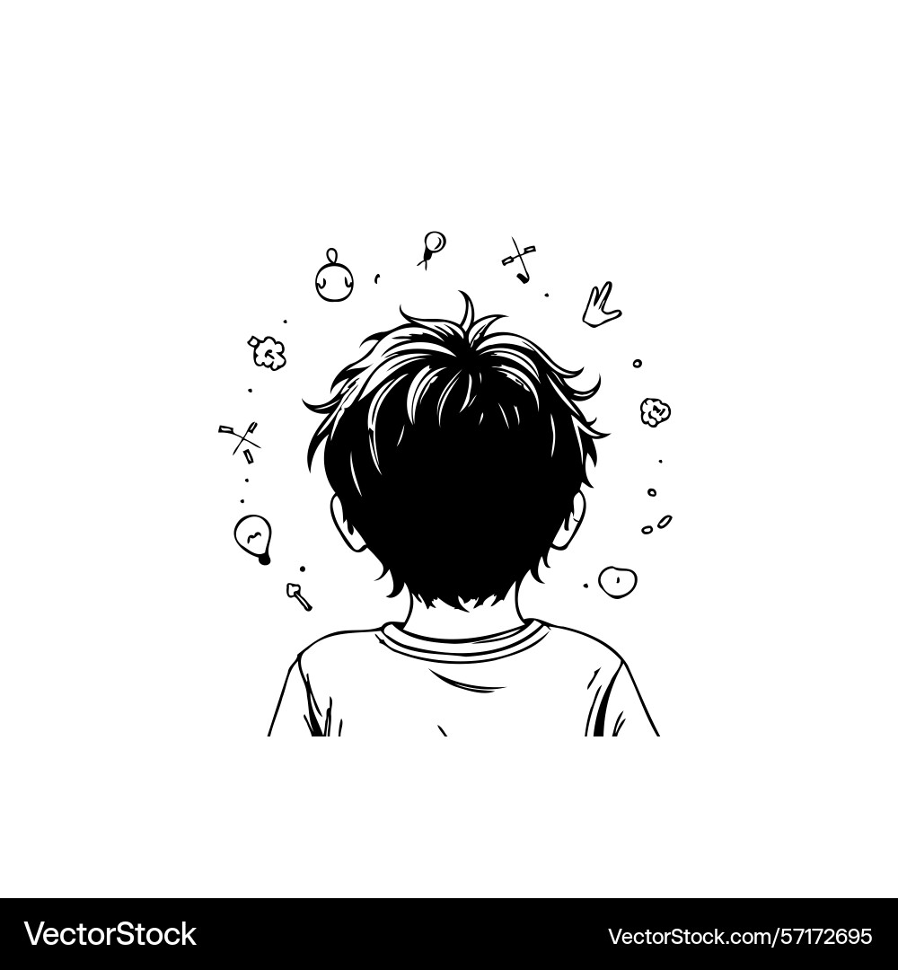 An artistic of a boy looking at various objects An artistic of a boy looking at various objects Vector Image