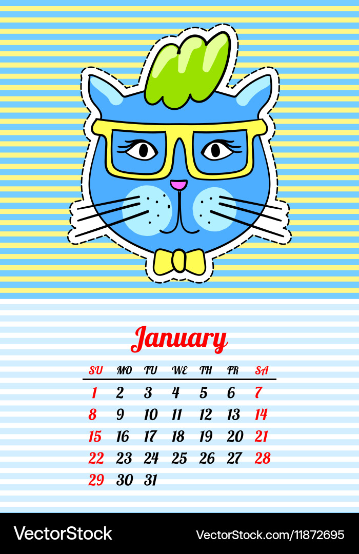 Calendar 2017 with cats january in cartoon 80s Vector Image