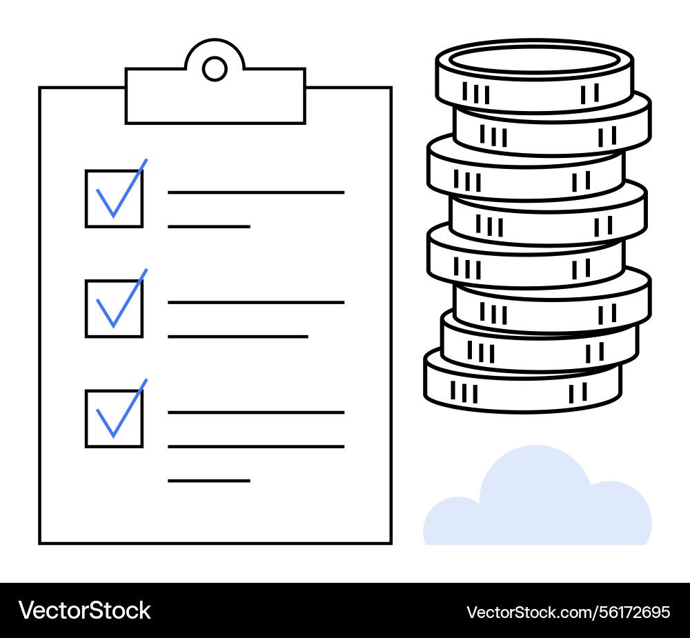 Checklist and stacked coins with cloud element Checklist and stacked coins with cloud element vector image