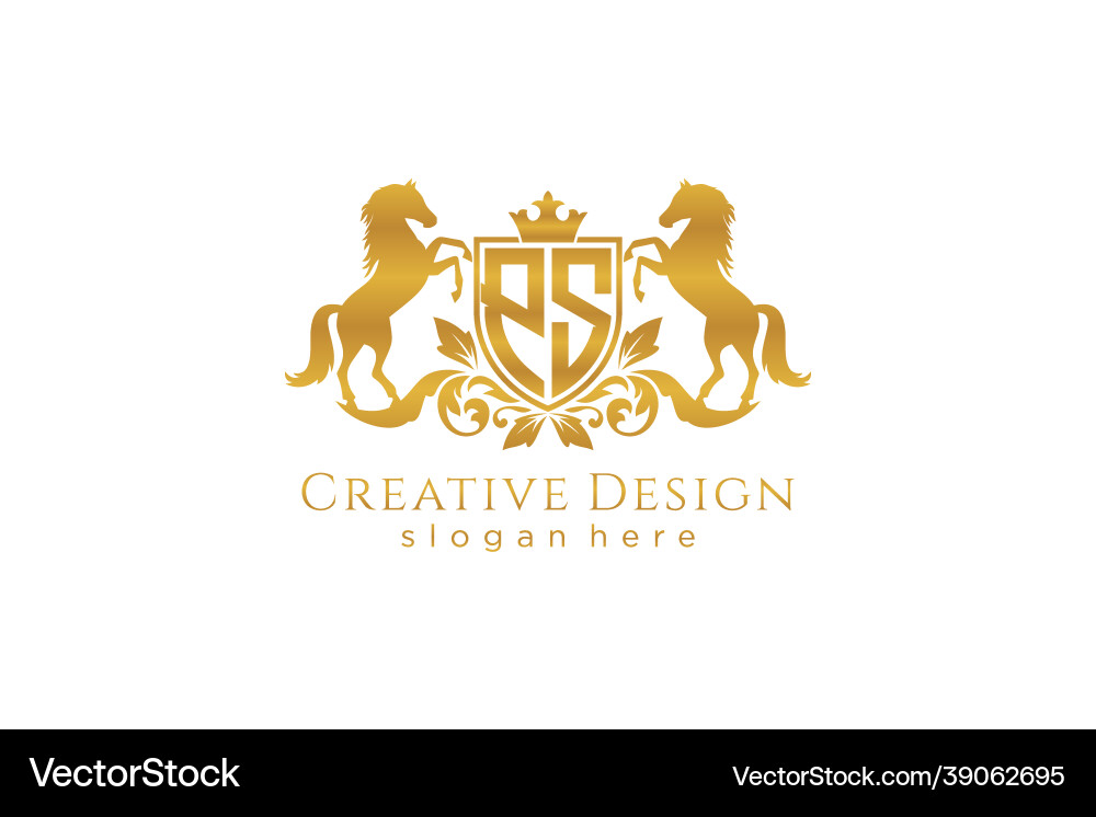 Initial ps retro golden crest with shield and two Initial ps retro golden crest with shield and two vector image