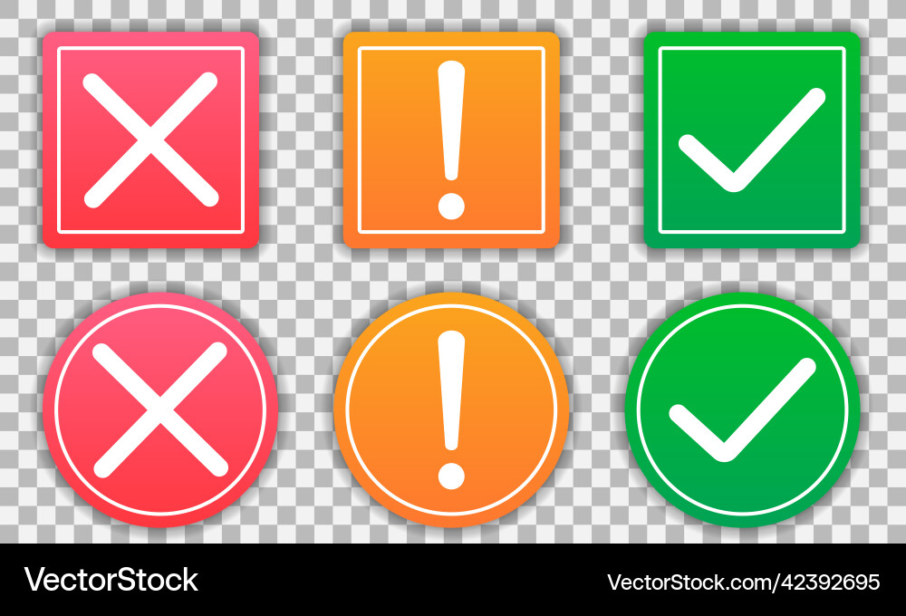 Set of flat round check mark exclamation point x Set of flat round check mark exclamation point x vector image