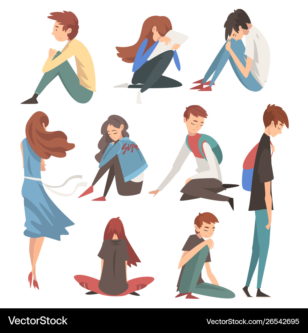 Unhappy sad boys and girls set depressed lonely Unhappy sad boys and girls set depressed lonely vector image