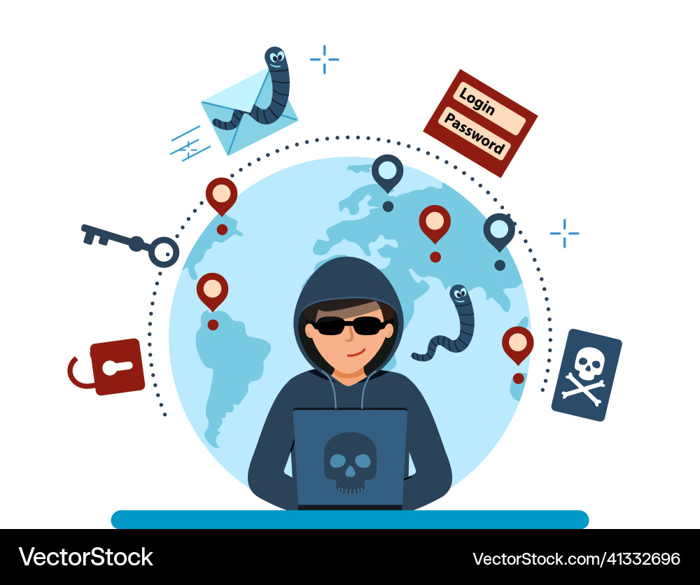 Hacker at the computer stealing confidential data Hacker at the computer stealing confidential data vector image