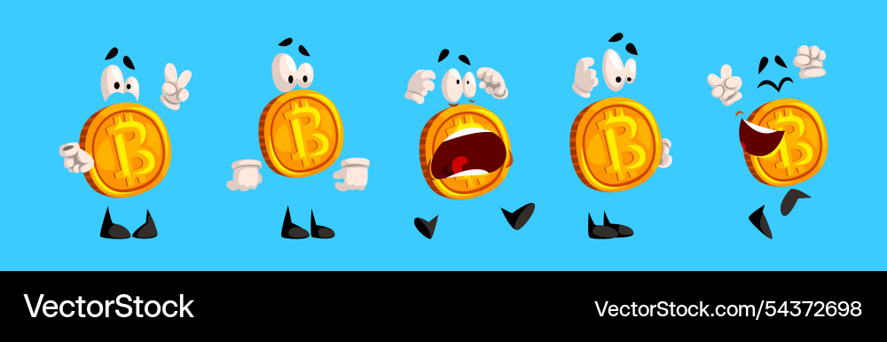 Golden bitcoin character with different emotion Golden bitcoin character with different emotion Vector Image