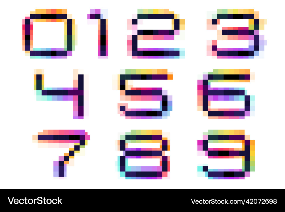 Numbers set with glitch distorted pixel effect vector image